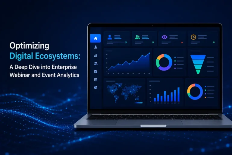Laptop displaying Optimizing Digital Ecosystems analytics dashboards with charts and graphs, set against a dark blue digital background.