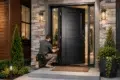 A worker kneeling on a porch installs a lock on a modern black door. The entrance features stone and wood accents, with symmetric potted plants.