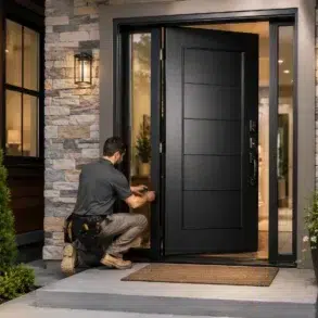 A worker kneeling on a porch installs a lock on a modern black door. The entrance features stone and wood accents, with symmetric potted plants.