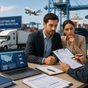 Customs officer reviews entry filing documents with two import professionals at a U.S. port, with shipping containers, cargo truck, airplane, and clearance paperwork nearby.