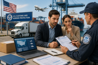 Customs officer reviews entry filing documents with two import professionals at a U.S. port, with shipping containers, cargo truck, airplane, and clearance paperwork nearby.