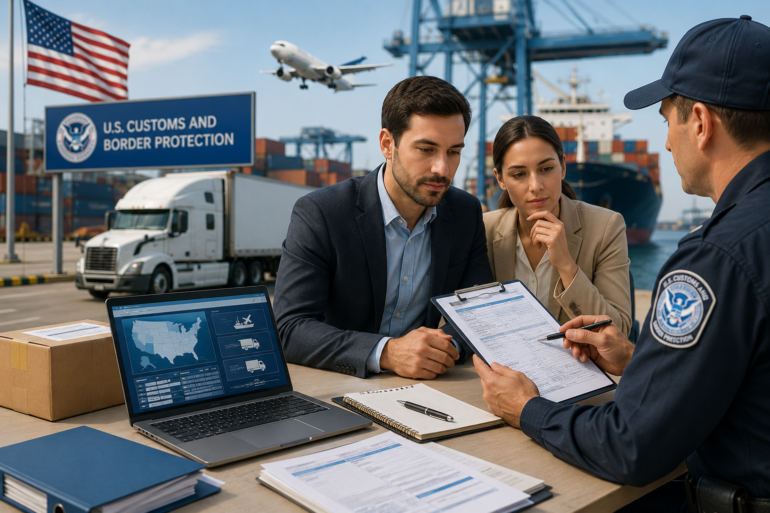 Customs officer reviews entry filing documents with two import professionals at a U.S. port, with shipping containers, cargo truck, airplane, and clearance paperwork nearby.