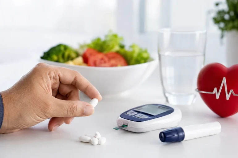 Equmet diabetes medicine information with blood sugar monitoring and prescription safety concept