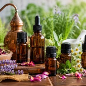 An arrangement of amber glass dropper bottles surrounded by fresh lavender, rose petals, and chamomile flowers, showcasing products from essential oil suppliers.