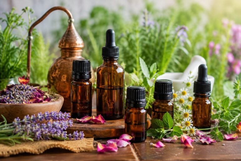 An arrangement of amber glass dropper bottles surrounded by fresh lavender, rose petals, and chamomile flowers, showcasing products from essential oil suppliers.