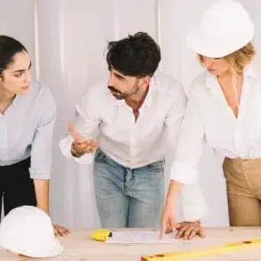 Office Renovation Builders in Sydney discussing plans over a table with blueprints and safety helmets during a project meeting.