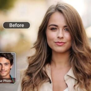 A young woman with long wavy hair looks confidently at the camera. A "Before" label is above her. Inset shows a similar photo of a smiling man.