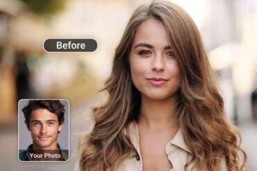 A young woman with long wavy hair looks confidently at the camera. A "Before" label is above her. Inset shows a similar photo of a smiling man.