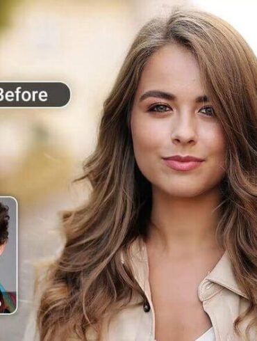 A young woman with long wavy hair looks confidently at the camera. A "Before" label is above her. Inset shows a similar photo of a smiling man.