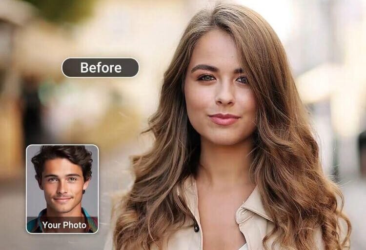 A young woman with long wavy hair looks confidently at the camera. A "Before" label is above her. Inset shows a similar photo of a smiling man.