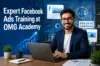 A smiling man in a suit sits at a laptop, surrounded by digital marketing icons.