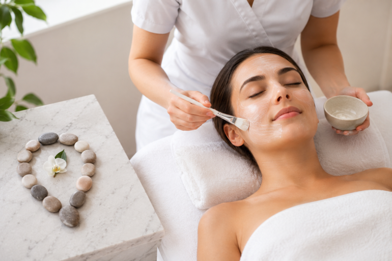 Woman receiving a relaxing Facial Near Me spa treatment for glowing healthy skin