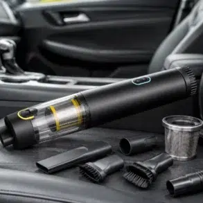 A sleek, portable vacuum cleaner with attachments is arranged on a car seat. The modern design conveys functionality and convenience.