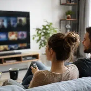 Film lover browsing safe online movie streaming options related to Filmapik on a clean modern entertainment setup