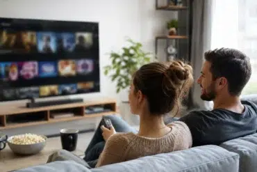 Film lover browsing safe online movie streaming options related to Filmapik on a clean modern entertainment setup