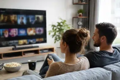 Film lover browsing safe online movie streaming options related to Filmapik on a clean modern entertainment setup