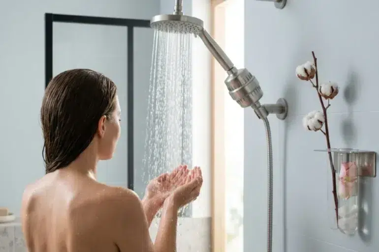 Filter in Shower installed in a modern bathroom for cleaner water and softer skin