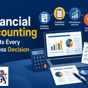 Financial accounting concepts with a laptop, calculator, and charts, showing how it influences business decisions. Intuitive and informative.