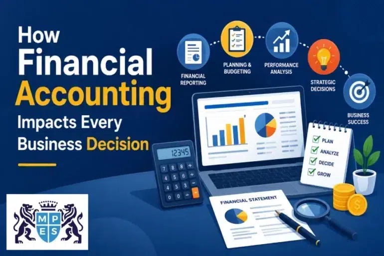 Financial accounting concepts with a laptop, calculator, and charts, showing how it influences business decisions. Intuitive and informative.