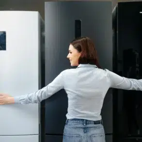A woman in a light blue shirt and jeans embraces two refrigerators in a showroom, smiling as she compares a white and a dark model.