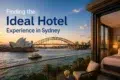 View of Sydney Opera House and Harbour Bridge at sunset from a luxurious hotel room with a balcony. The scene conveys elegance and relaxation.