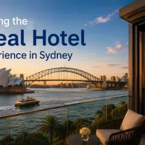 View of Sydney Opera House and Harbour Bridge at sunset from a luxurious hotel room with a balcony. The scene conveys elegance and relaxation.