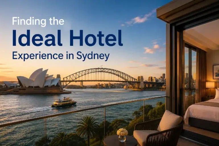 View of Sydney Opera House and Harbour Bridge at sunset from a luxurious hotel room with a balcony. The scene conveys elegance and relaxation.