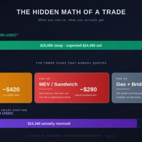 Infographic showing hidden costs in a $25,000 trade: slippage $420, MEV/sandwich $280, gas+bridge $90, total loss $790, net $24,160 received.