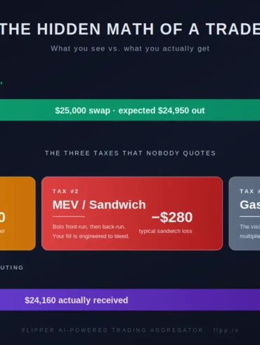 Infographic showing hidden costs in a $25,000 trade: slippage $420, MEV/sandwich $280, gas+bridge $90, total loss $790, net $24,160 received.