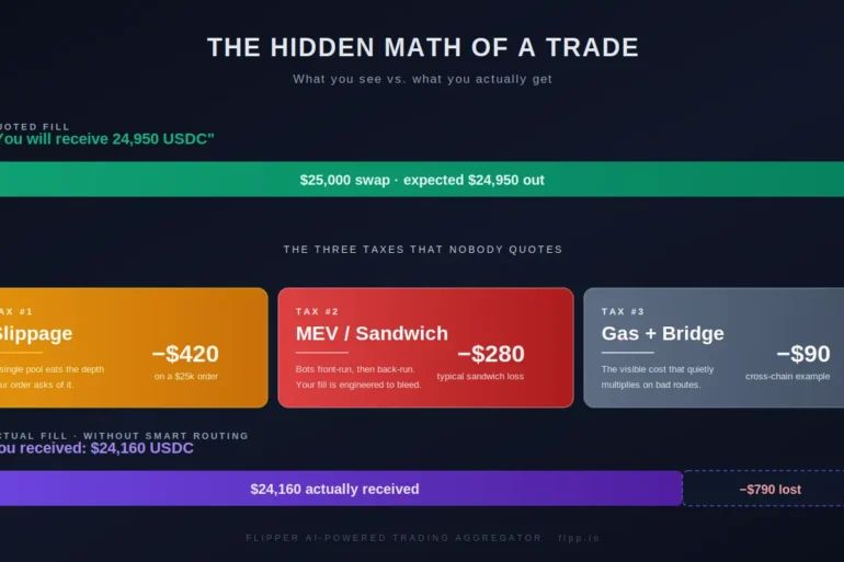 Infographic showing hidden costs in a $25,000 trade: slippage $420, MEV/sandwich $280, gas+bridge $90, total loss $790, net $24,160 received.