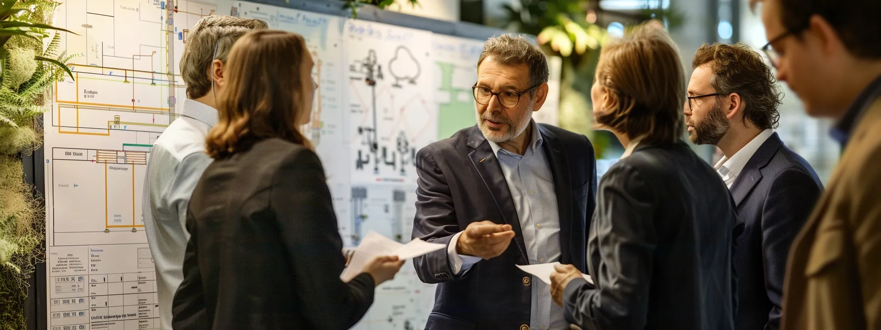 A group of professionals in business attire discusses plans in front of a whiteboard with diagrams. They appear engaged and focused on the project.