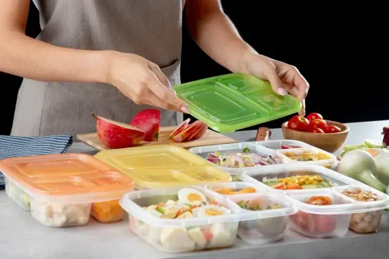 A person in an apron places a green lid on a meal prep container. Surrounding containers hold various foods, and a sliced apple, cherry tomatoes, and onions are nearby.