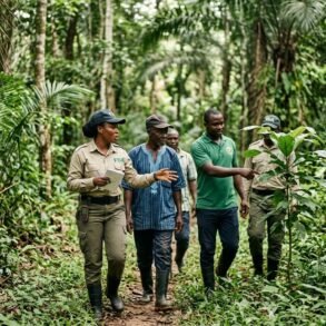Forestry Development Authority officials inspecting a protected forest area with local community members