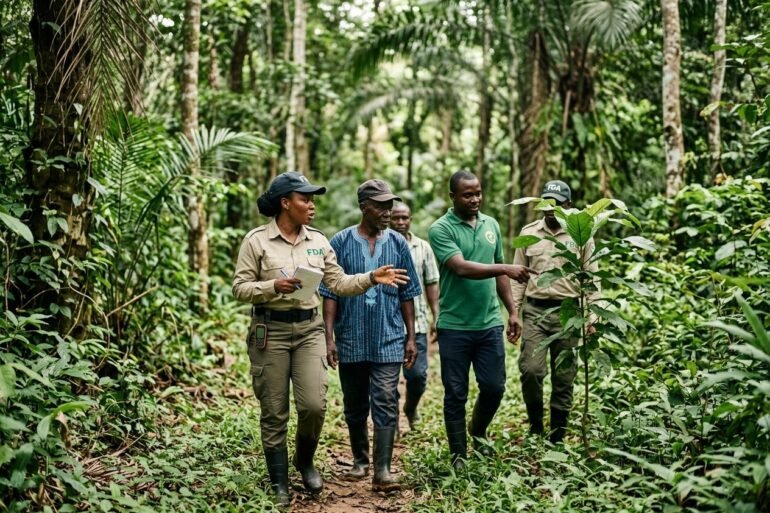 Forestry Development Authority officials inspecting a protected forest area with local community members