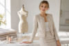 Free Chanel Inspired Tweed Jacket and Skirt Pattern with elegant handmade tweed jacket, matching skirt, sewing tools, and classic DIY fashion details