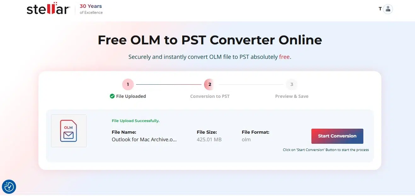 Stellar's online interface for free OLM to PST conversion, showing an uploaded file with details like name, size, and format, and a 'Start Conversion' button.