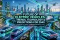 Futuristic cityscape with electric vehicles, drones, smart charging stations, and renewable energy sources illustrating 2040 smart transportation trends.