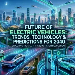Futuristic cityscape with electric vehicles, drones, smart charging stations, and renewable energy sources illustrating 2040 smart transportation trends.