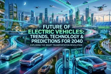 Futuristic cityscape with electric vehicles, drones, smart charging stations, and renewable energy sources illustrating 2040 smart transportation trends.