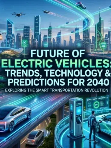 Futuristic cityscape with electric vehicles, drones, smart charging stations, and renewable energy sources illustrating 2040 smart transportation trends.