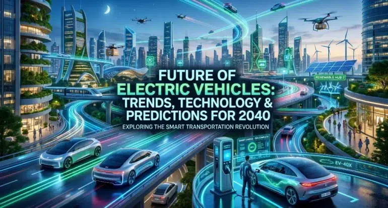 Futuristic cityscape with electric vehicles, drones, smart charging stations, and renewable energy sources illustrating 2040 smart transportation trends.