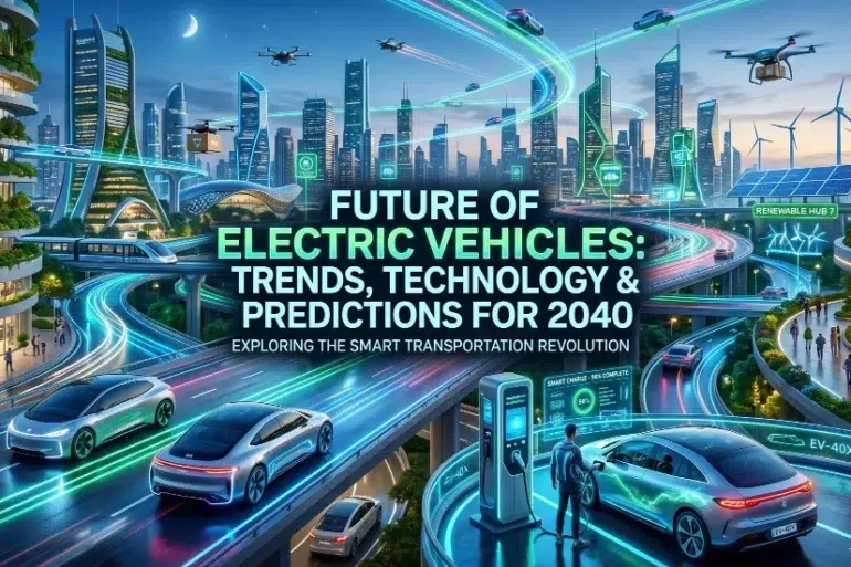 Futuristic cityscape with electric vehicles, drones, smart charging stations, and renewable energy sources illustrating 2040 smart transportation trends.