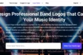 Website homepage with a live band performing on stage, colorful lights shining. Text overlay: 'Design Professional Band Logos That Capture Your Music Identity.' A logo creation interface is visible below.