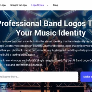 Website homepage with a live band performing on stage, colorful lights shining. Text overlay: 'Design Professional Band Logos That Capture Your Music Identity.' A logo creation interface is visible below.