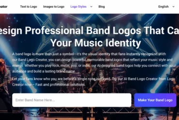 Website homepage with a live band performing on stage, colorful lights shining. Text overlay: 'Design Professional Band Logos That Capture Your Music Identity.' A logo creation interface is visible below.