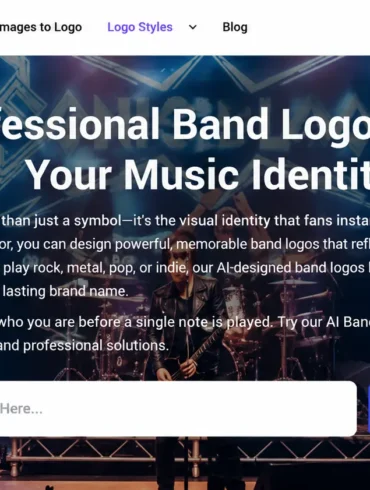 Website homepage with a live band performing on stage, colorful lights shining. Text overlay: 'Design Professional Band Logos That Capture Your Music Identity.' A logo creation interface is visible below.