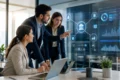Finance professionals analyze a digital lending ecosystem dashboard with connected banking, customer, document, and analytics icons in a modern office.
