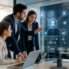 Finance professionals analyze a digital lending ecosystem dashboard with connected banking, customer, document, and analytics icons in a modern office.
