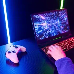 Person at a glowing laptop with a vibrant screen showing digital graphics. A gaming controller lies nearby on the table, creating an intense gaming vibe.