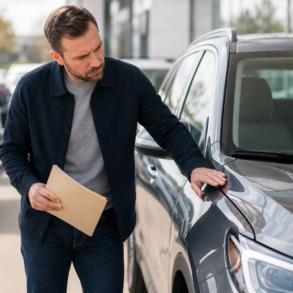 Customer reviewing a vehicle at Gervais Auto before making a car-buying decision